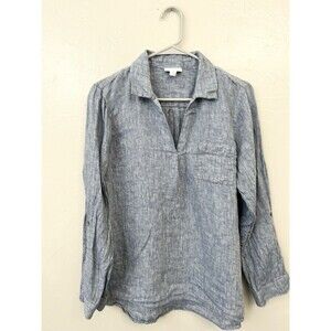 J.Jill Love Linen Blue Chambray Button Down Shirt Roll Tab Sleeves Size Large P